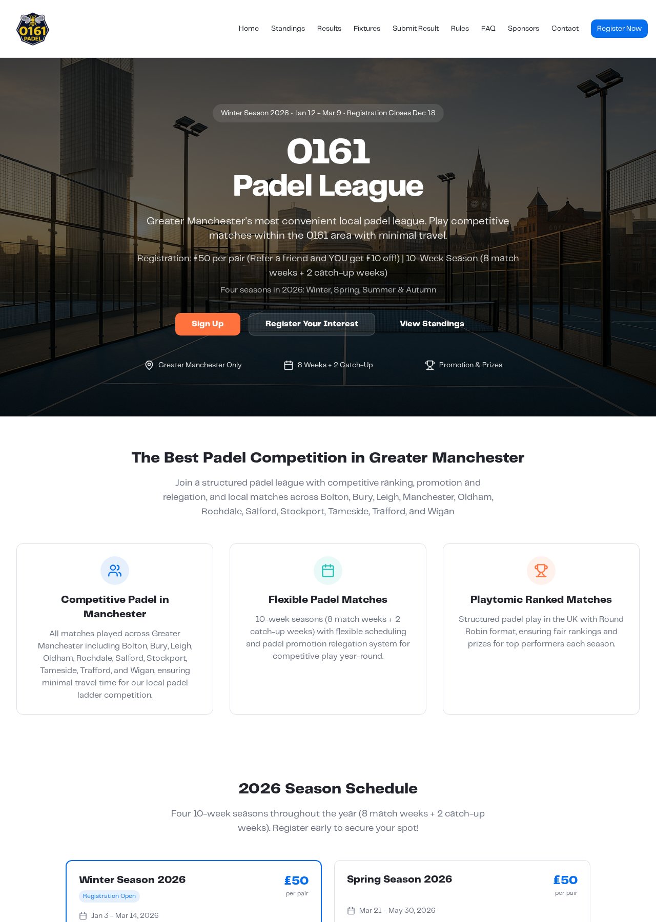 0161 Padel League website screenshot